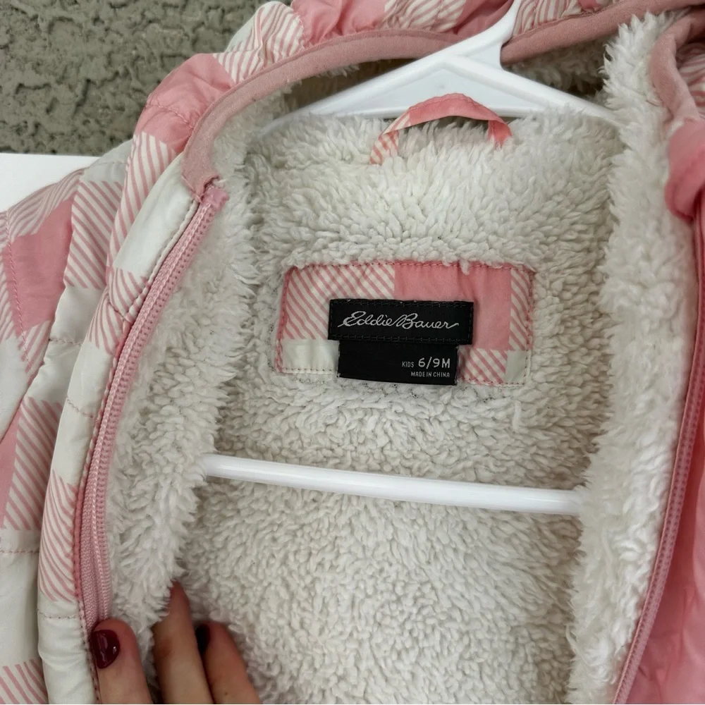 Eddie Bauer Infant Girls Pink Checkered Puffer Snowsuit 6-9M Hooded Sherpa Lined